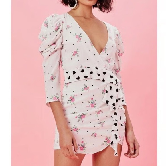 For Love And Lemons White Faux Wrap Floral Mini Dress with Plunge Neckline - Picture 10 of 15